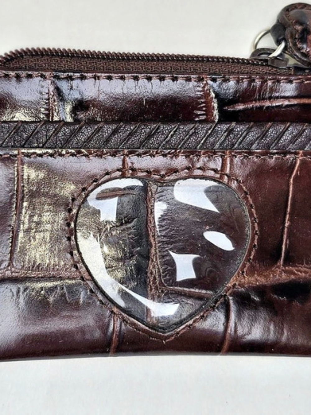Brighton Croc-Embossed Heart ID Coin Pouch Brown & Gold